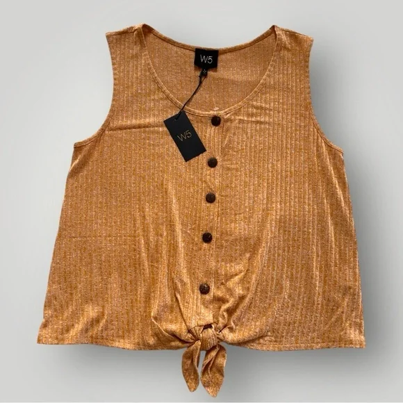 W5 Sleeveless Tie Front Button Down Top Tan - Picture 1 of 8